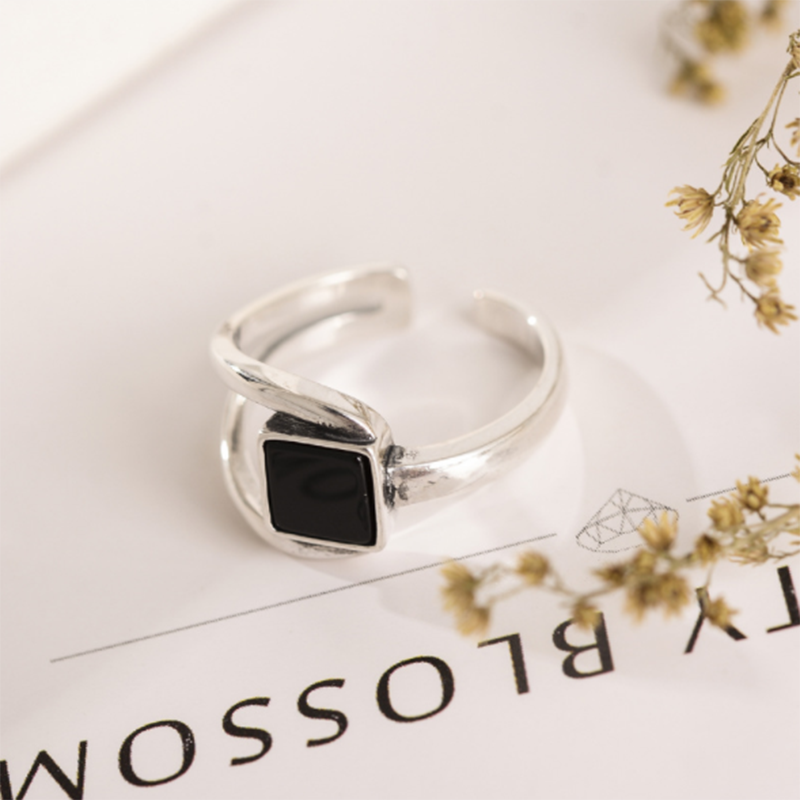 s925 sterling silver double black agate opening adjustable ring