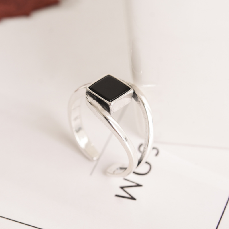 s925 sterling silver double black agate opening adjustable ring