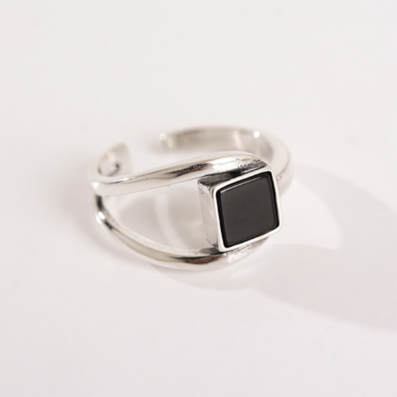 s925 sterling silver double black agate opening adjustable ring
