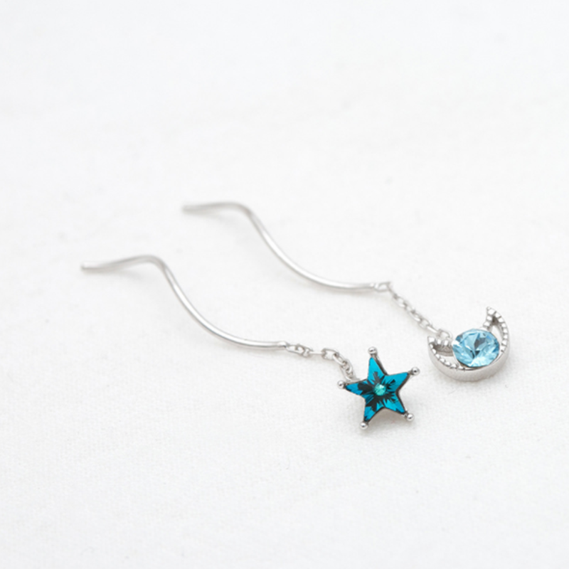 s925 sterling silver blue crystal star and moon diamond wave ear line