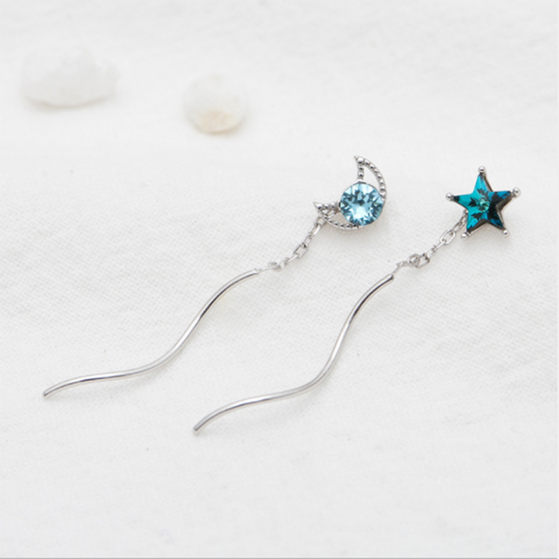 s925 sterling silver blue crystal star and moon diamond wave ear line