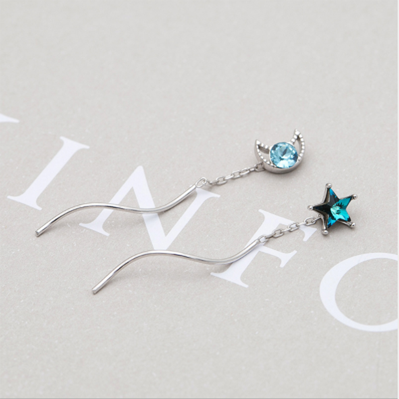 s925 sterling silver blue crystal star and moon diamond wave ear line