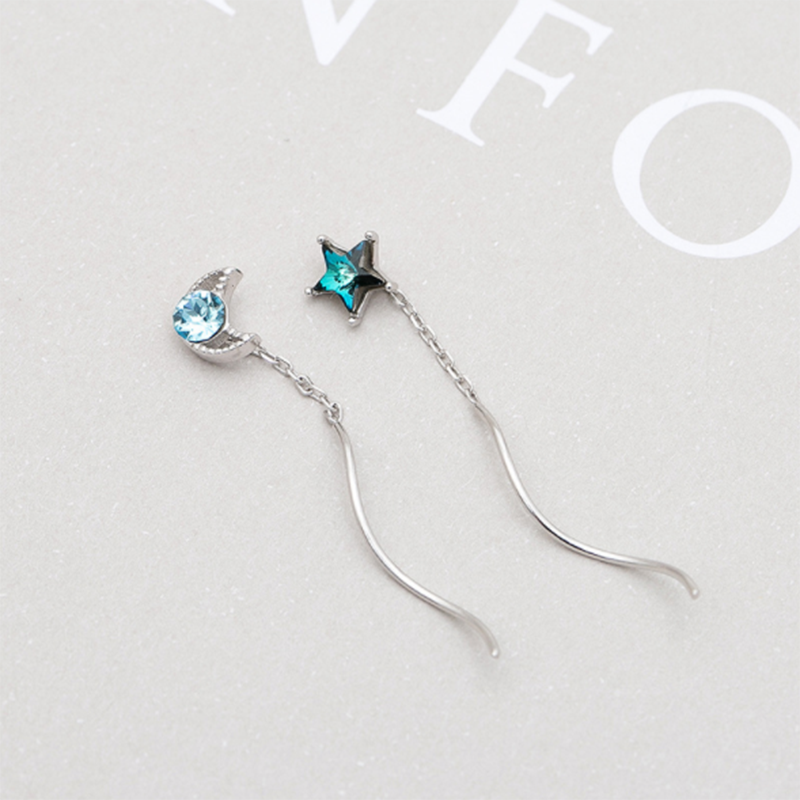 s925 sterling silver blue crystal star and moon diamond wave ear line