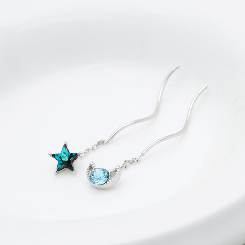 s925 sterling silver blue crystal star and moon diamond wave ear line