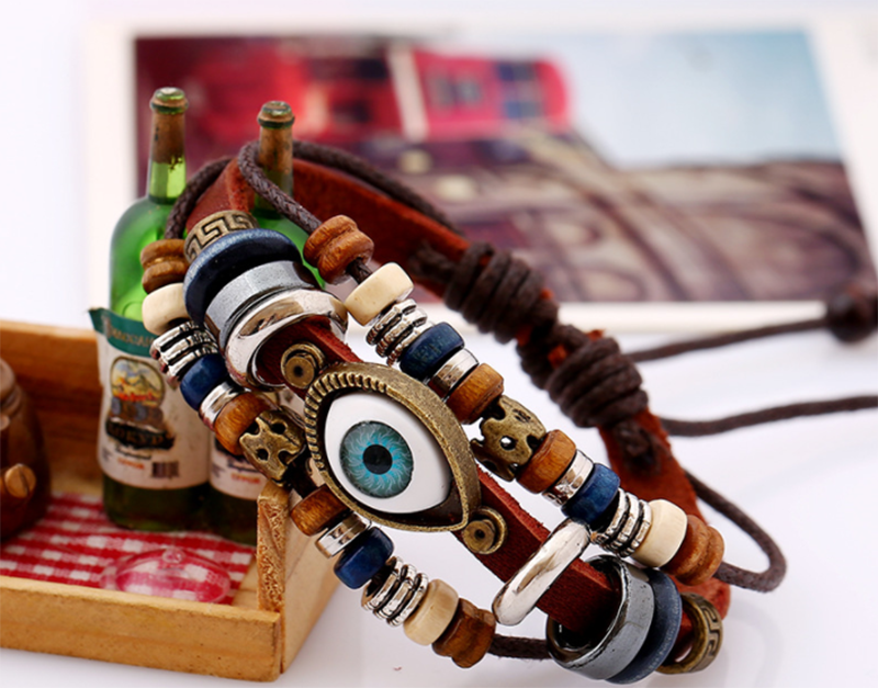 European and American Beaded Eye Cowhide Adjustable Bracelet (Men&apos;s Others)