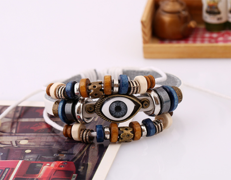 European and American Beaded Eye Cowhide Adjustable Bracelet (Men&apos;s Others)