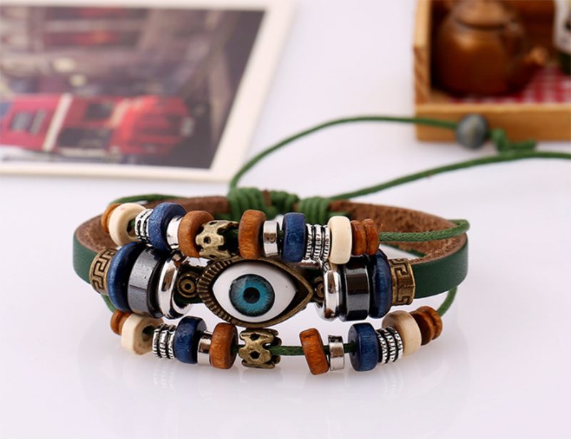 European and American Beaded Eye Cowhide Adjustable Bracelet (Men&apos;s Others)