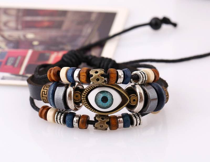 European and American Beaded Eye Cowhide Adjustable Bracelet (Men&apos;s Others)