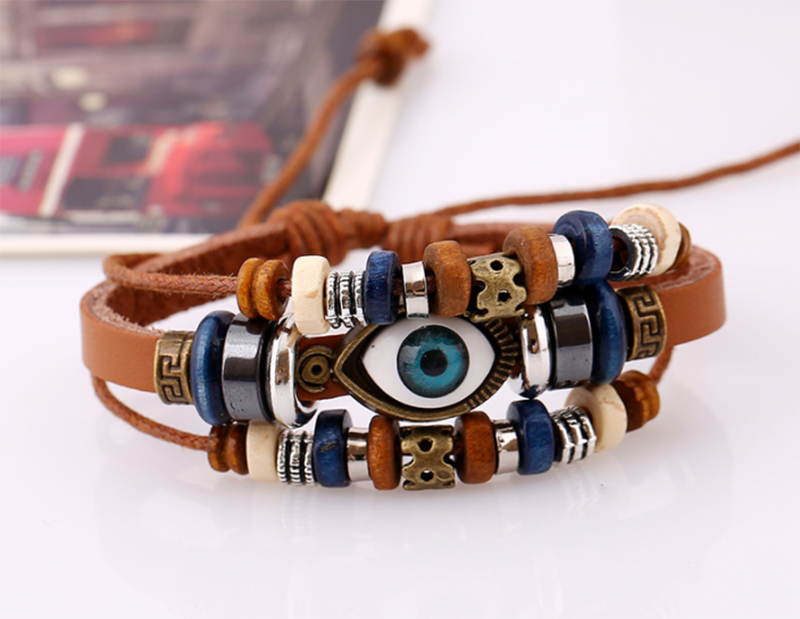 European and American Beaded Eye Cowhide Adjustable Bracelet (Men&apos;s Others)