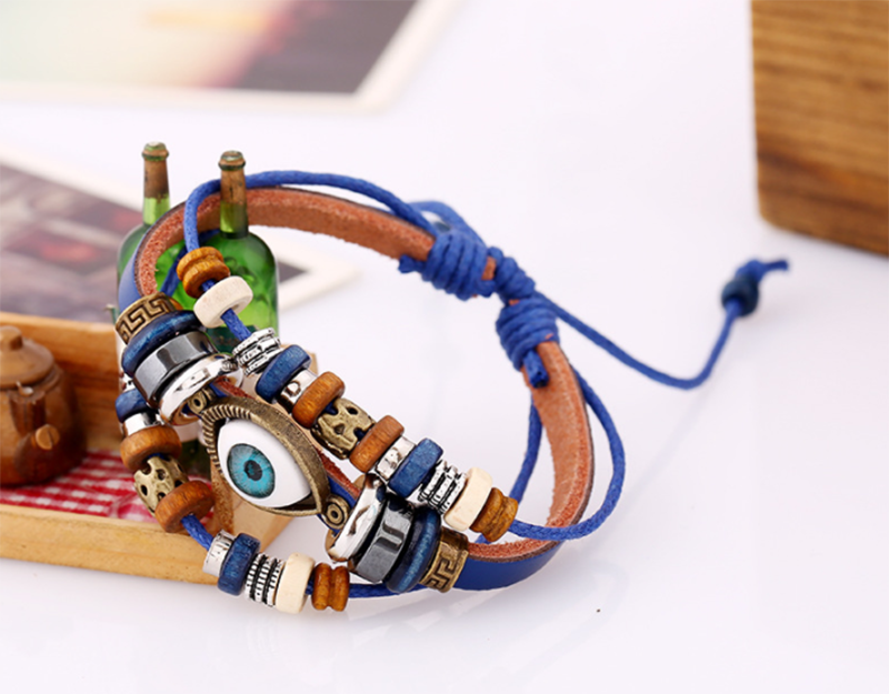European and American Beaded Eye Cowhide Adjustable Bracelet (Men&apos;s Others)