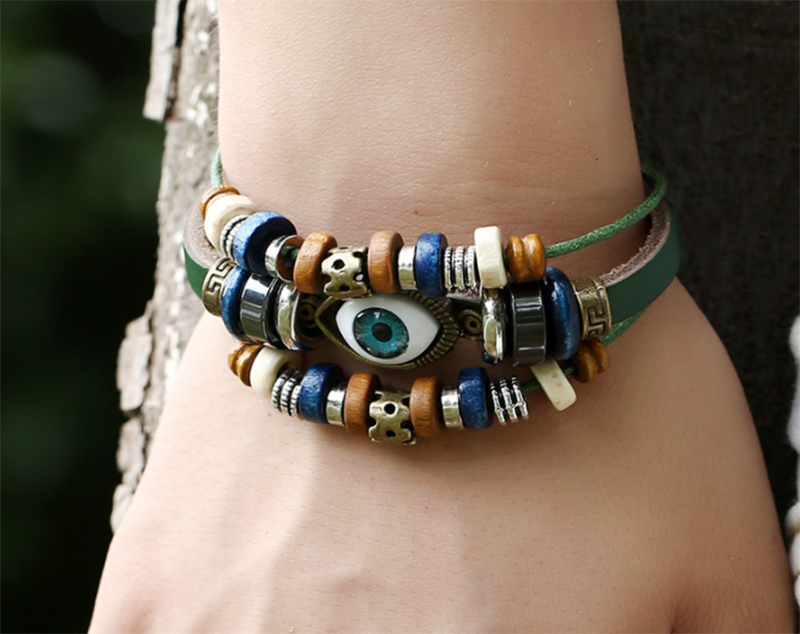 European and American Beaded Eye Cowhide Adjustable Bracelet (Men&apos;s Others)