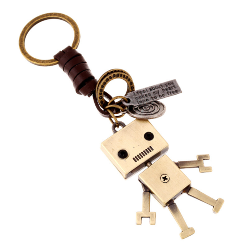 Handmade Woven Cowhide Leather Alloy Robot Creative Men&apos;s Keychain