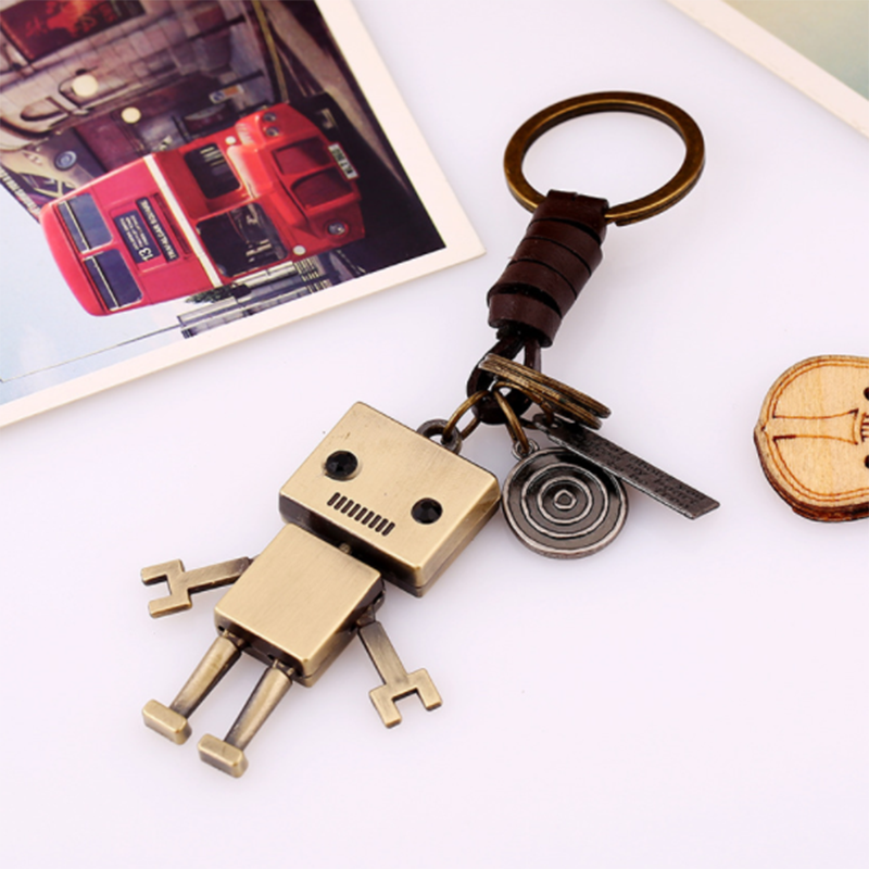 Handmade Woven Cowhide Leather Alloy Robot Creative Men&apos;s Keychain