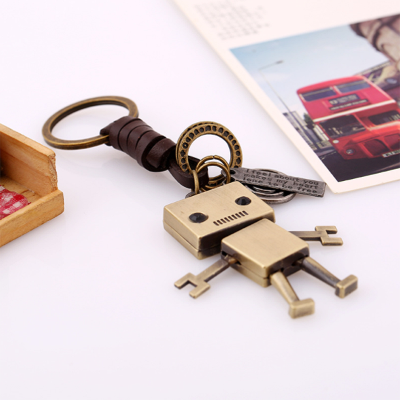 Handmade Woven Cowhide Leather Alloy Robot Creative Men&apos;s Keychain
