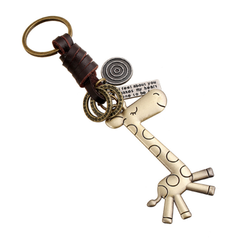 Alloy cute giraffe vintage woven leather keychain