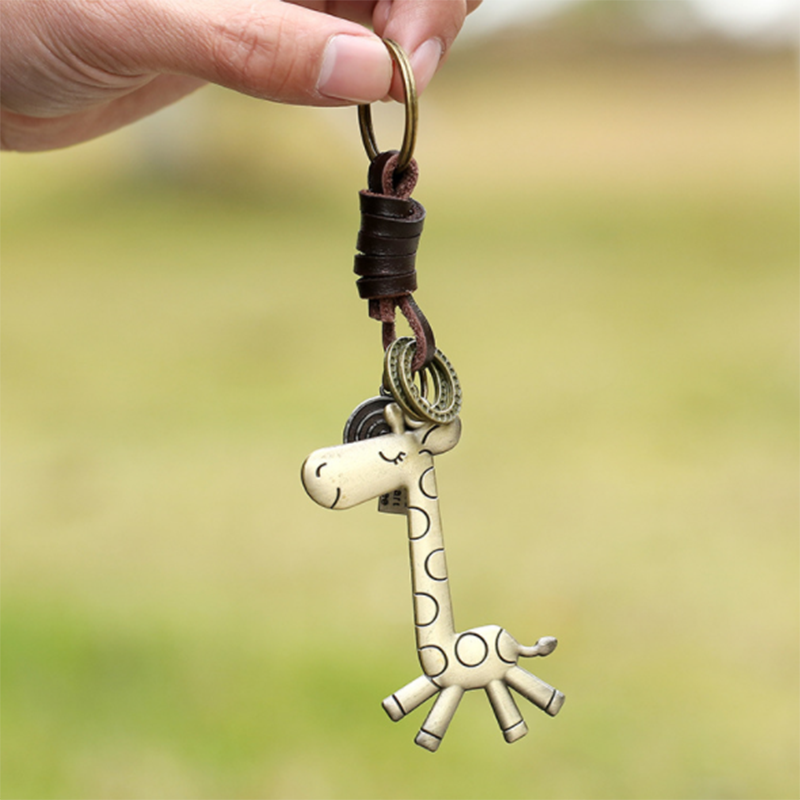 Alloy cute giraffe vintage woven leather keychain