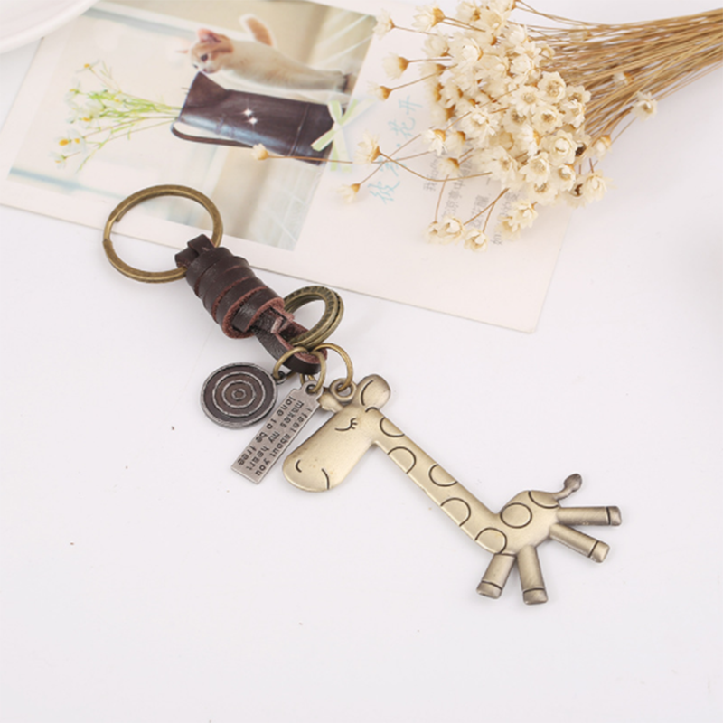 Alloy cute giraffe vintage woven leather keychain
