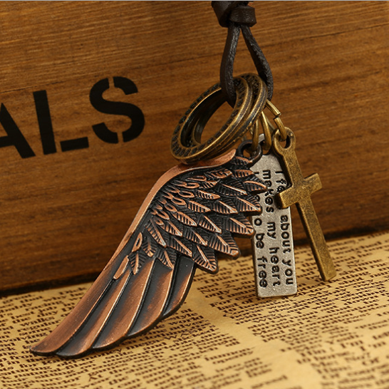 Angel wings leather necklace