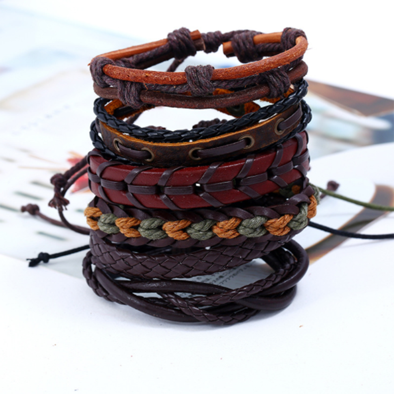 Woven DIY Six-piece Multi-layer European and American Leather Bracelet (Men&apos;s Other)