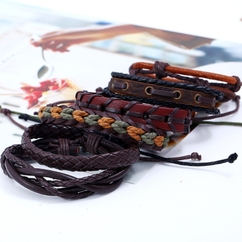 Woven DIY Six-piece Multi-layer European and American Leather Bracelet (Men&apos;s Other)