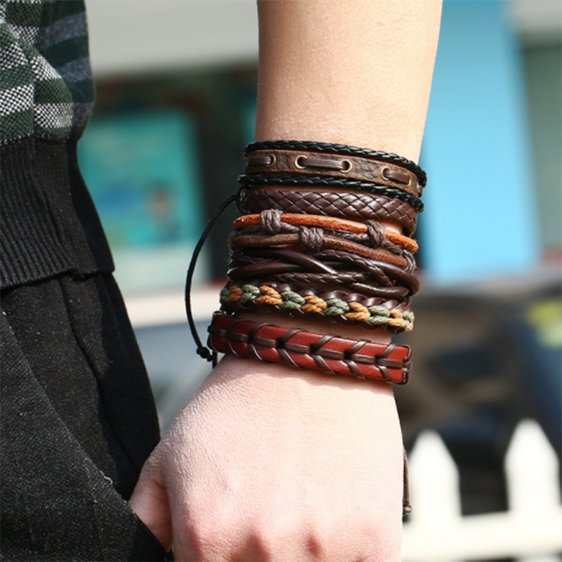 Woven DIY Six-piece Multi-layer European and American Leather Bracelet (Men&apos;s Other)