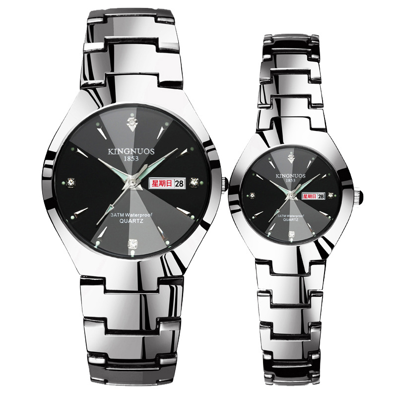Couple fashion watches men and women luminous double calendar steel belt quartz watches ladies