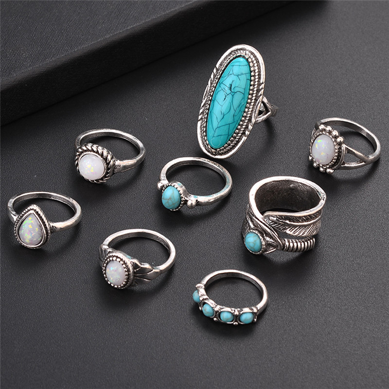 8Pcs/set Fashion Bohemia Rings Sets For Women Retro Silver Opals Turquoises Knuckle Rings jewelry