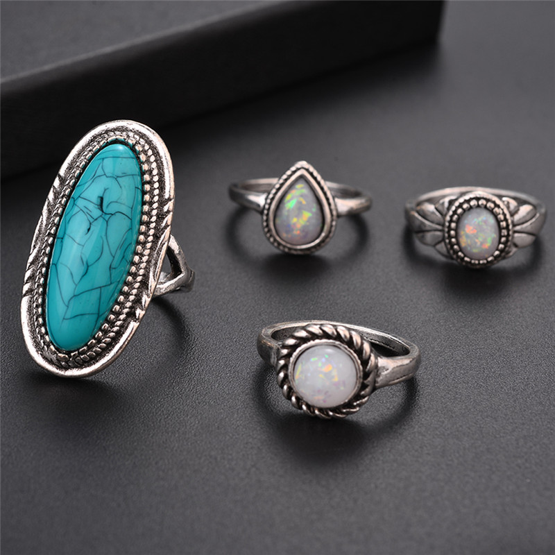 8Pcs/set Fashion Bohemia Rings Sets For Women Retro Silver Opals Turquoises Knuckle Rings jewelry