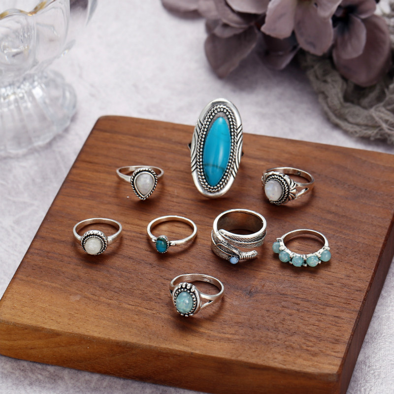 8Pcs/set Fashion Bohemia Rings Sets For Women Retro Silver Opals Turquoises Knuckle Rings jewelry