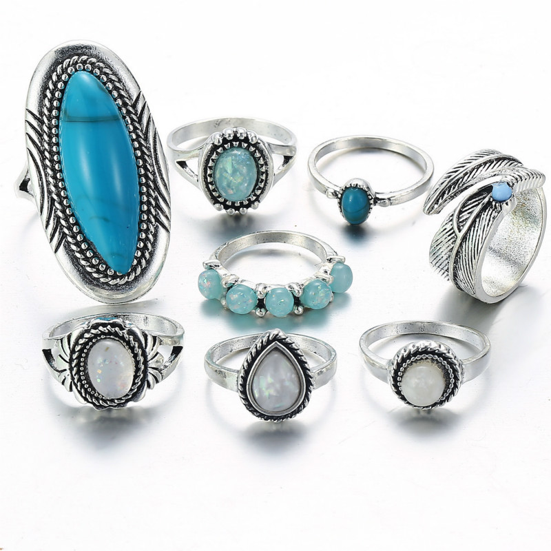 8Pcs/set Fashion Bohemia Rings Sets For Women Retro Silver Opals Turquoises Knuckle Rings jewelry