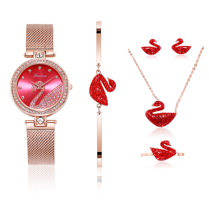 5PSC / SET Fashion Wild Swan Lady Bracelet Simple Watch Earring Necklace Rings for Women