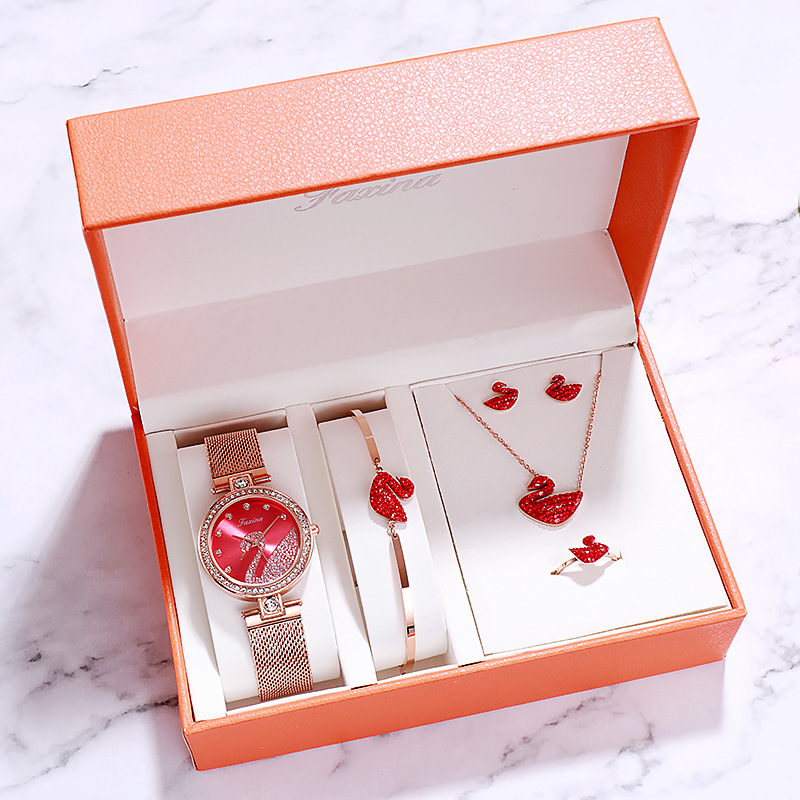 5PSC / SET Fashion Wild Swan Lady Bracelet Simple Watch Earring Necklace Rings for Women