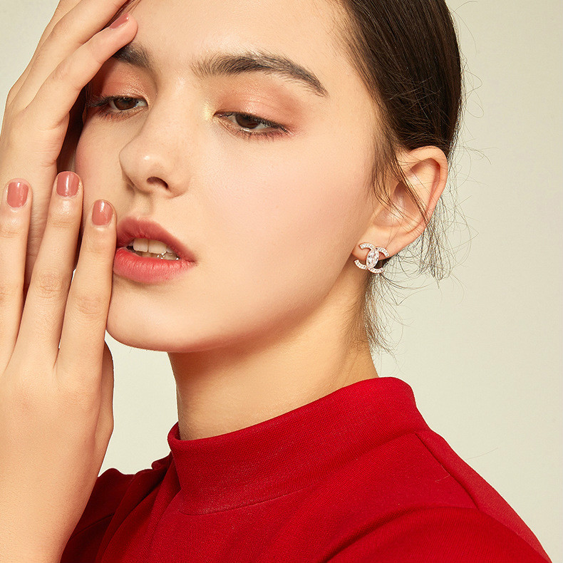 New double c earrings zircon copper micro inlaid big trend c-shaped net red earrings earrings