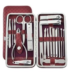 19 Pcs/set stainless steel nails clippers set household trimming toe nail scissors nail clippers manicure beauty nail art tools Red as shows 19 pscs/set