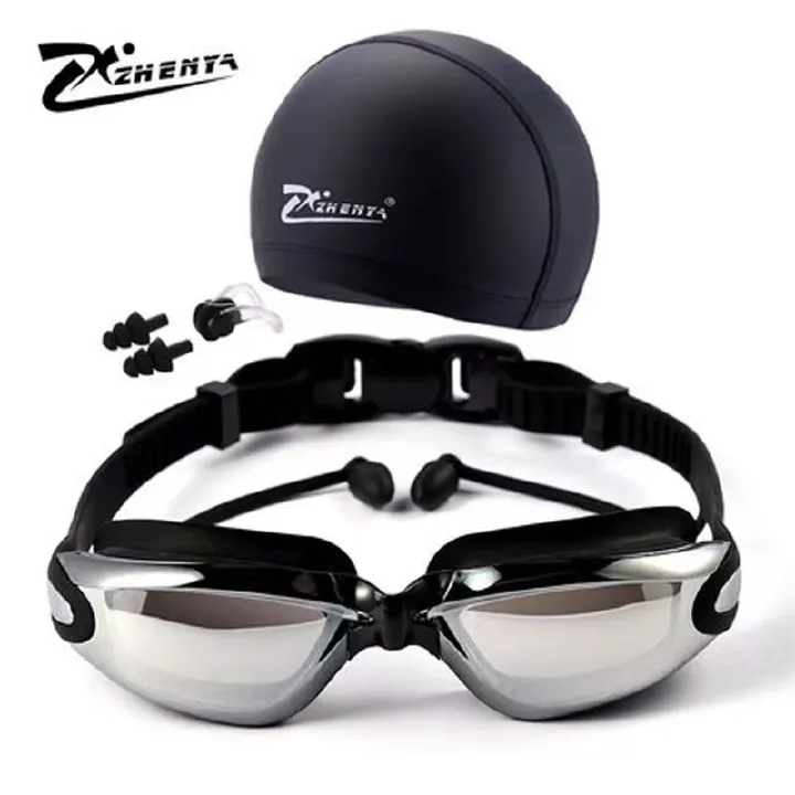 4Pcs/set High-definition waterproof and anti-fog swimming goggles for men and women with large frame electroplating goggles with swimming cap earplugs nose clip set