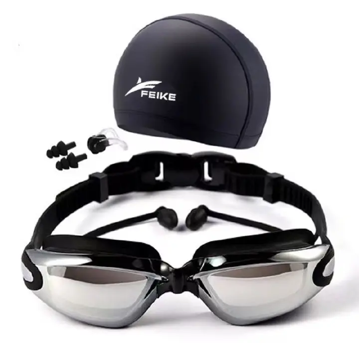 4Pcs/set High-definition waterproof and anti-fog swimming goggles for men and women with large frame electroplating goggles with swimming cap earplugs nose clip set