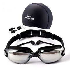 4Pcs/set High-definition waterproof and anti-fog swimming goggles for men and women with large frame electroplating goggles with swimming cap earplugs nose clip set Black as picture