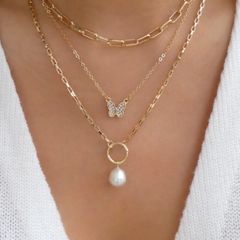 3 Pieces European and American Fashion Necklaces Pendants Creative New Personality Pearl Chain Pearl Diamond Butterfly Pendants Jewelry Gold