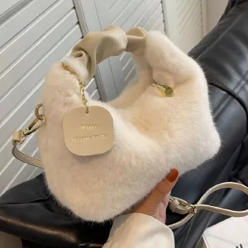 Plush Pleated Handbags Women's New Fashion Autumn And Winter Simple Foreign Style Girl's Plush Crossbody Bags Off-whiteOff-white