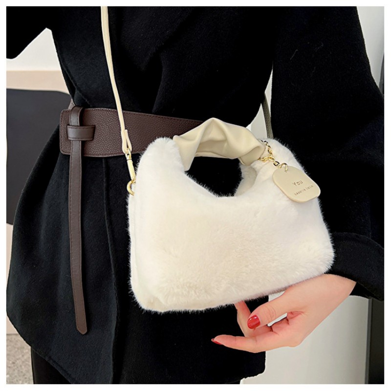 Plush Pleated Handbags Women's New Fashion Autumn And Winter Simple Foreign Style Girl's Plush Crossbody Bags