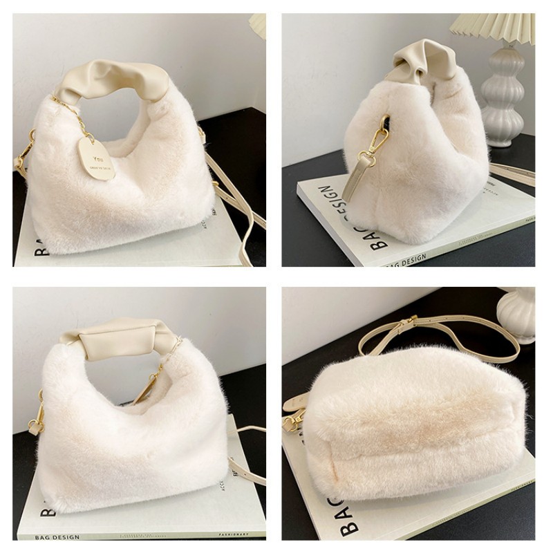 Plush Pleated Handbags Women's New Fashion Autumn And Winter Simple Foreign Style Girl's Plush Crossbody Bags