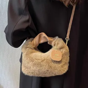 Plush Pleated Handbags Women's New Fashion Autumn And Winter Simple Foreign Style Girl's Plush Crossbody Bags KhakiKhaki