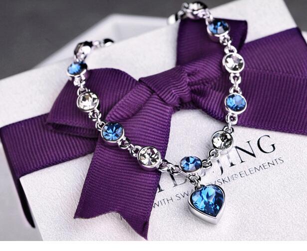 JC Gift Women Bracelets Fashion Ladies Bracelet girl Classic Jewelry Heart of Sea Crystal Silver Heart Bracelets Blue Sapphire Tanzanite Chain Bracelet