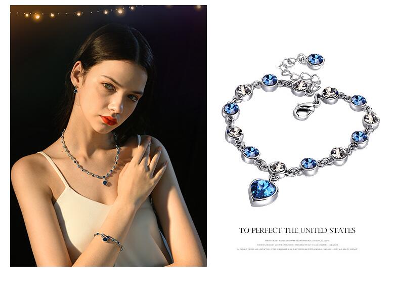 JC Gift Women Bracelets Fashion Ladies Bracelet girl Classic Jewelry Heart of Sea Crystal Silver Heart Bracelets Blue Sapphire Tanzanite Chain Bracelet