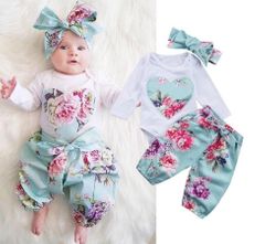 JC Newborn Baby Girls 3PCS Suits Flower Long sleeve Rompers+pants+Scarf Set Outfits Clothes 3pc green 80