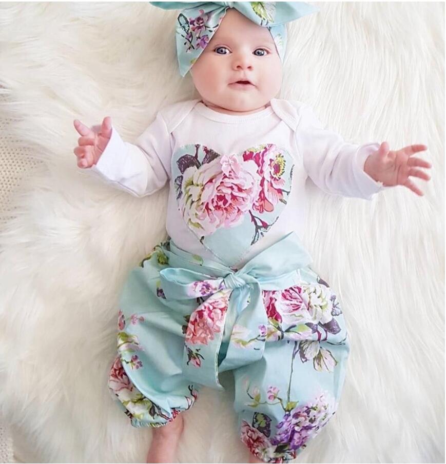 JC Newborn Baby Girls 3PCS Suits Flower Long sleeve Rompers+pants+Scarf Set Outfits Clothes 3pc