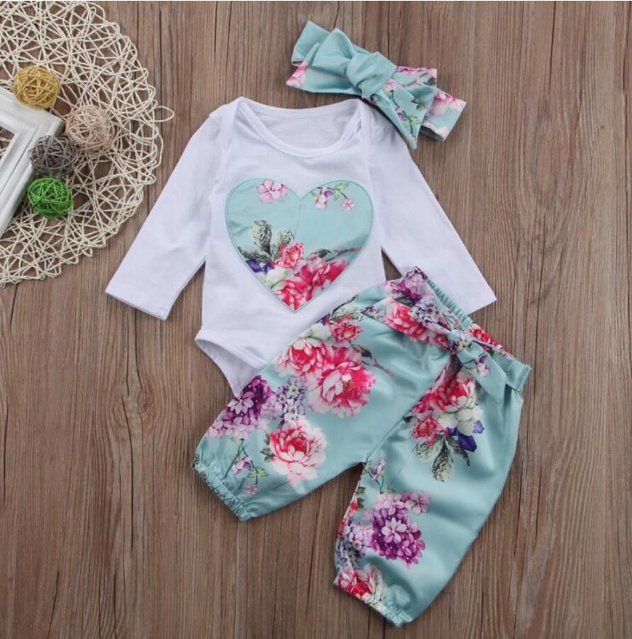 JC Newborn Baby Girls 3PCS Suits Flower Long sleeve Rompers+pants+Scarf Set Outfits Clothes 3pc