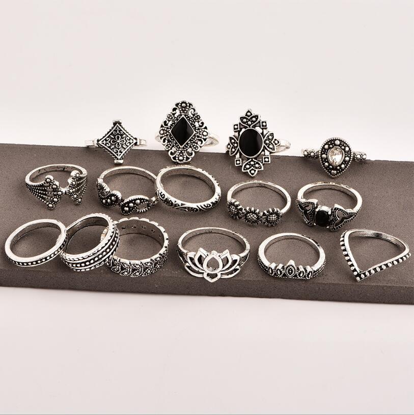 15pcs/SET Women Rings Lady Jewelry Retro Bohemia Vintage Silver lotus Fashion Gift