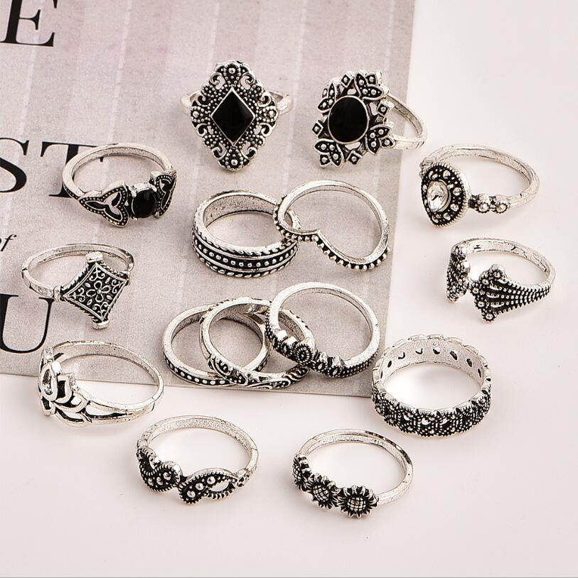 15pcs/SET Women Rings Lady Jewelry Retro Bohemia Vintage Silver lotus Fashion Gift