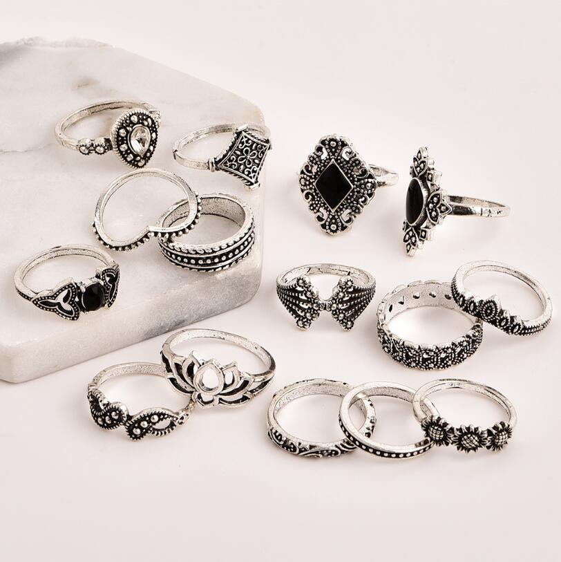15pcs/SET Women Rings Lady Jewelry Retro Bohemia Vintage Silver lotus Fashion Gift